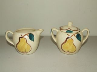Vintage 1950s Purinton Pottery Hand Painted Apple Fruit Sugar Bowl & Creamer Set