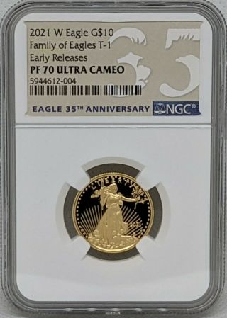 2021 W 1/4 Oz $10 Gold American Eagle Ngc Pf 70 Ultra Cameo Family Of Eagles T - 1