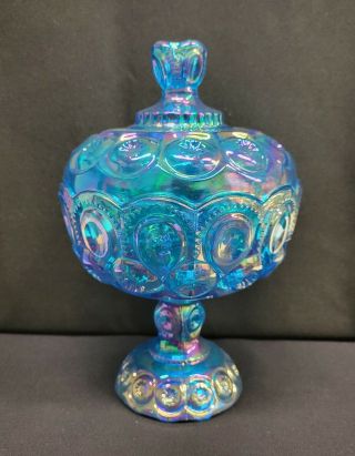 Moon And Star Glass Compote Large Candy Dish Colonial Blue Carnival Iridescent