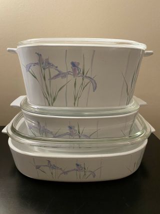 Vintage Corning Ware Shadow Iris 2,  3 & 3.  5 Liter Casserole Dishes With Lids
