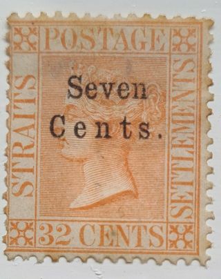Malaya Straits Settlements 1879 7c On 32c Pale Red Sg21 Mh,  Scarce Gum Cat 180