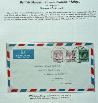 Bma Malaya 13 May 1947 Kgvi Airmail Cover From Singapore To Switzerland