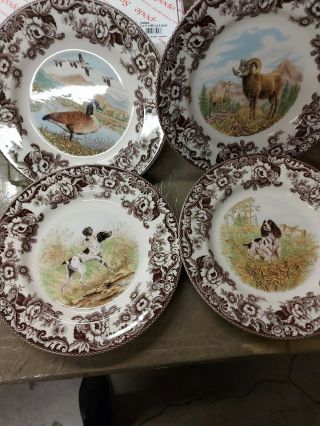 Spode Woodland Set Of 4 Dinner Plates - 2 Dogs A Goose And A Sheep