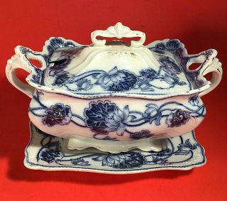 W.  Adams Flow Blue Tureen With Under Plate Antique Lily Pattern Crown Stamp