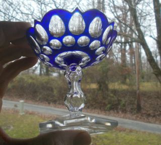 Antque 1880s Blue Cut Overlay Footed Bowl 3 1/2 " Tall