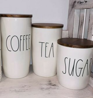 Rae Dunn Coffee,  Sugar & Tea Canister Set Cellar Wood Lid