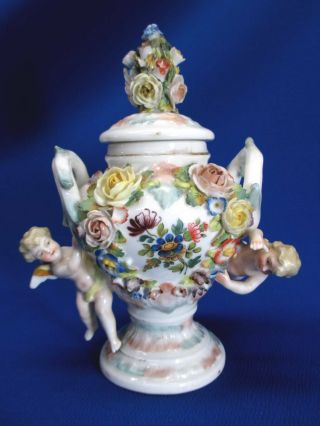 Sitzendorf Voight Dresden Porcelain 7 " H Flower & Cherub Urn