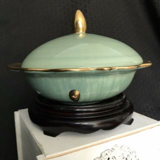 Rare L’objet Covered Lidded Bowl Meridian Turquoise 24k Gilt Gold Trim Portugal