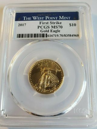 2017 - 1/4 Oz.  Gold American Eagle $10 - Pcgs Ms 70 - First Strike - West Point