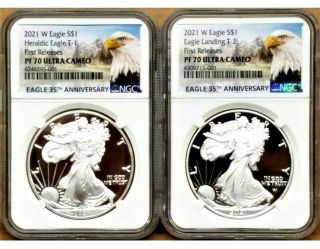 2 Coin Set - 2021 W Proof Silver Eagle,  Type 1 & 2,  Ngc Pf70uc Fr,  Eagle/mtn