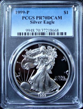 1999 - P 1oz Silver American Eagle Dollar - Pcgs Pr 70 Dcam