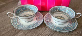 Read Set 2 Rare Wedgwood Florentine Turquoise Tea Cup & Saucer W2714 Peony Shape