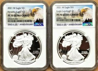 2 Coin Set - 2021 W Proof Silver Eagle,  Type 1 & 2,  Ngc Pf70uc,  Eagle/mtn Label