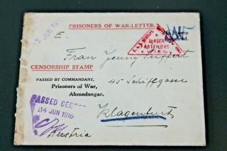 India 1916 Prisoner Of War Letter Ahmednagar Camp A To Klagenfurt - Cachets