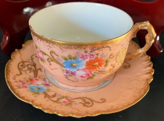 Very Rare 1880s Limoges Hand Painted Cup & Saucer Pink Blue Floral Fancy Gold