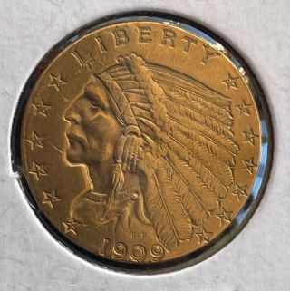 1909 2 1/2 Dollar Us Indian Head Gold Coin - Details Strong