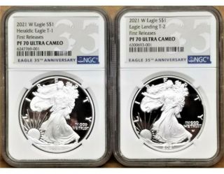 2 Coin Set - 2021 W Proof Silver Eagle,  Type 1 & 2,  Ngc Pf70uc Fr,  35th Label