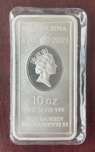 2021 St.  Helena 10 oz.  Silver £10 Coin Bar East India Company.  999 Fine Silver 3