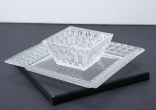 Tiffany & Co 8 " Glass Basket Weave Vase Serving Dish Plate Set W/ 4 " Candy Dish