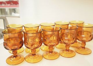 10 Amber Glass Tumblers / Indiana Glass Co.  Usa / King Crown Thumbprint Pattern