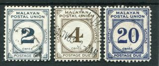 Malaya Postal Union 1957 - 60 Postage Due Perf 12½ Sgd15a.  17a,  21a Fine