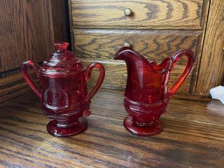 Vintage Ruby Red Glass Sugar And Creamer Set Depression - Set Of 2 - Very Rare