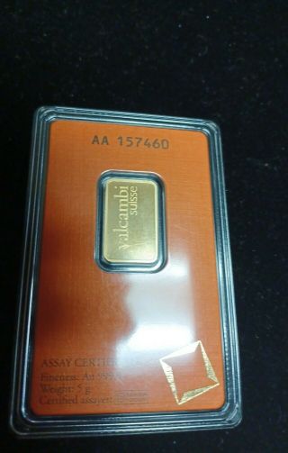 Valcambi Suisse 5 Gram Gold Bar.  9999 With Assay Certificate 24 Karat