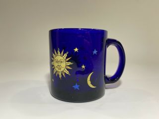 Vintage Libby Cobalt Blue Celestial Sun Moon Stars Glass Coffee Mug