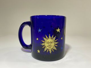 Vintage Libby Cobalt Blue Celestial Sun Moon Stars Glass Coffee Mug 3