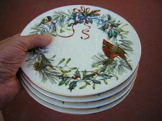 Lenox China Set - Of - 4 X 8 1/8 " Winter Greetings Salad Plates Birds Red Cardinal