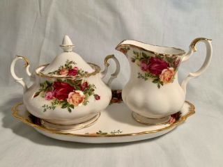 Fine Royal Albert Old Country Roses Sugar With Lid,  Creamer And Tray.