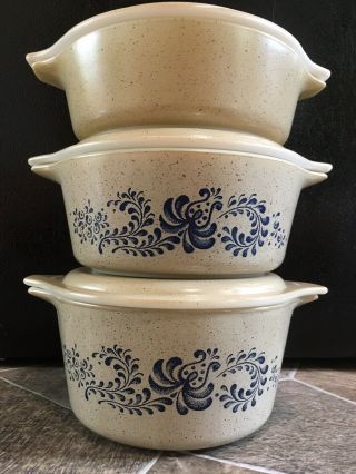3 Pyrex Homestead Casserole Dishes With Lids Tan Blue 471 472 473 Milk Glass