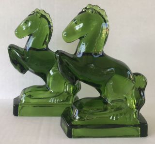Vintage Glass Horse Bookends Le Smith Glass Green Rearing Horses 8” Figures