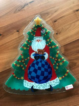 Peggy Karr Fused Glass Christmas Tree Shaped Santa Platter 14 " Nib