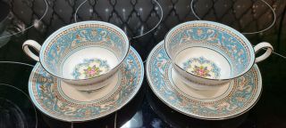 Set Of 2 Rare Wedgwood Florentine Turquoise Tea Cup & Saucer W2714 Peony Shape