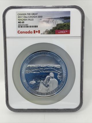 2017 Canada The Great $50 Niagara Falls 10 Oz.  9999 Silver Coin Ngc Ms 69