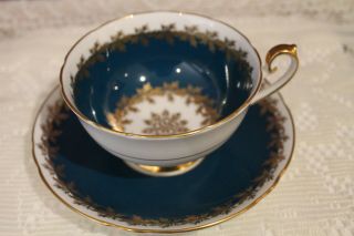 Shelley Lincoln Shape Teacup And Saucer - Teal With Gold Leaf Garland