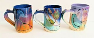 3 Graffiti Style Mugs By Michael Kifer Clay Studio - Hand Crafted Painted Signed