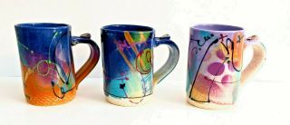 3 Graffiti Style Mugs by Michael Kifer Clay Studio - Hand Crafted Painted Signed 2