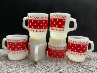 6 Vtg Anchor Hocking Fire King Red White Polka Dot Lace Design Coffee Cups Mugs