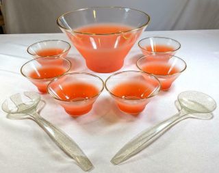 Vintage 9 Pc Blendo Frosted Orange Salad Bowl Set With Tongs West Virginia Glass