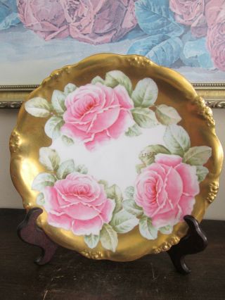 Limoges Elite France Hand Painted Plate Pink Roses Heavy Gold Signed