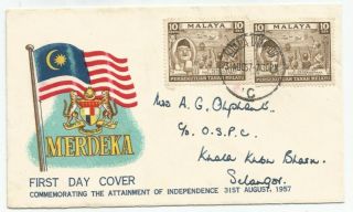Malaysia 1957 Official Merdeka Fdc,  Sent Frm Kl To K.  Bahru @ 20c Rate