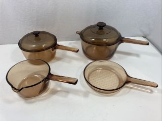 Vintage Corning Ware Vision 6 Piece Pots & Lids Pan Cookware Amber Glass Pyrex