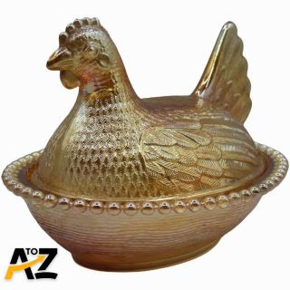 Vtg Carnival Amber Indiana Glass Iridescent Chicken Hen On Nest Candy Dish