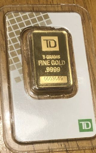 5 Gram Fine Gold Bar Td Toronto Dominion Bank.  9999 Gold 24 Karat -