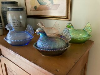 4 Vtg Indiana Glass Hens On Nest Covered Dish Blue,  Pink,  Iridescent Blue,  Green