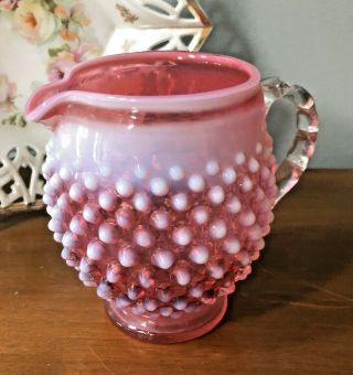 Vintage Fenton Cranberry Opalescent Hobnail Milk Creamer Pitcher