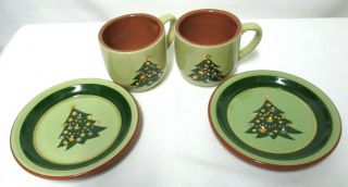 Stangl Pottery Vintage Christmas Tree Jeweled Cup & Saucer Set 2 RARE USA green 2