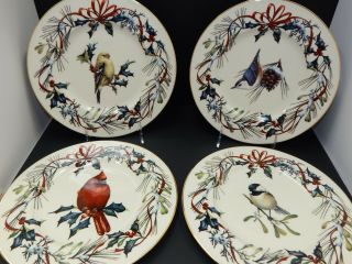 Set Of 4 Lenox Winter Greetings Plates Nuthatch Goldfinch Chickadee Cardinal Usa